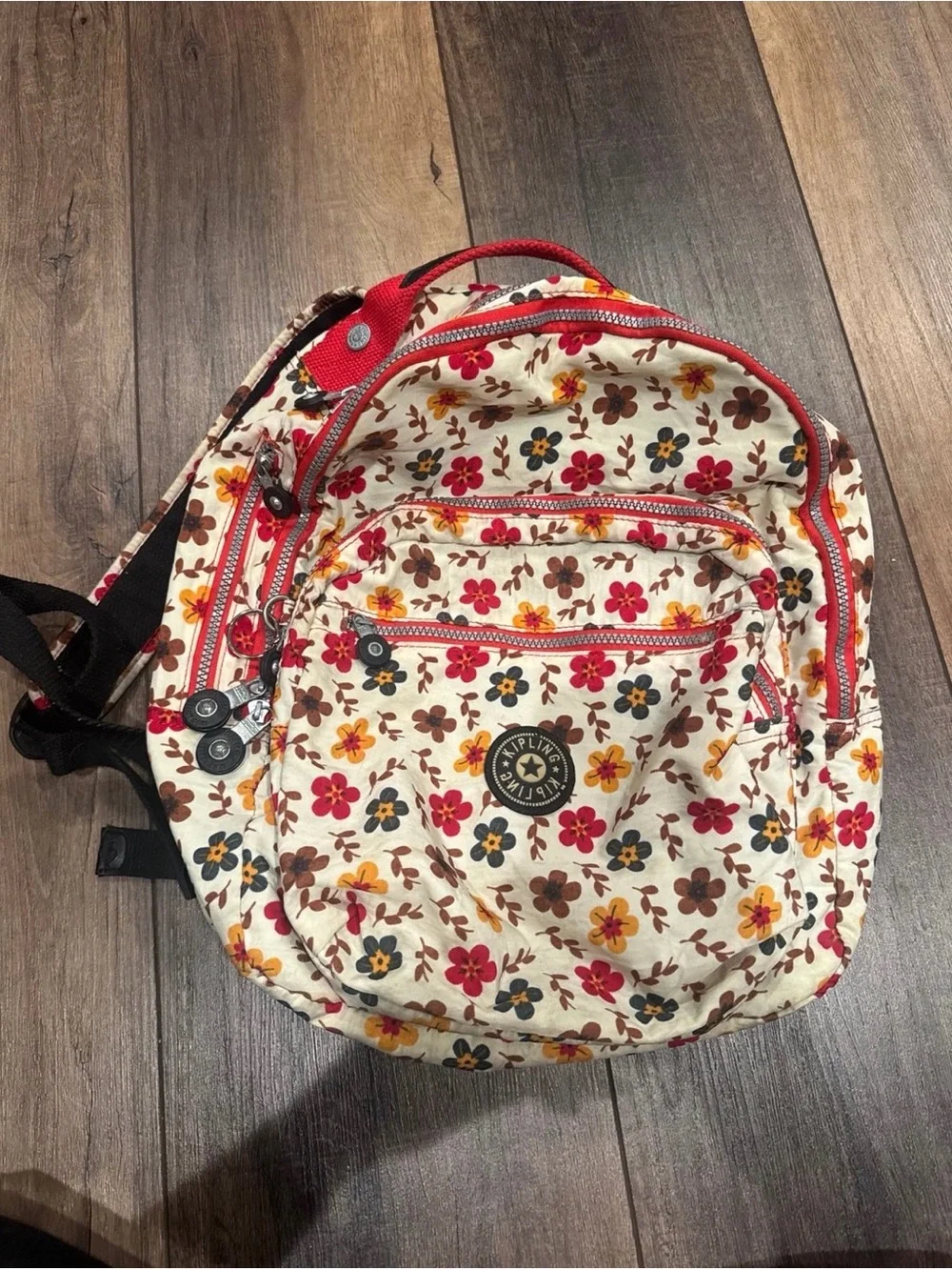 Kipling Floral Canvas Backpack – Cream with Red Flowers